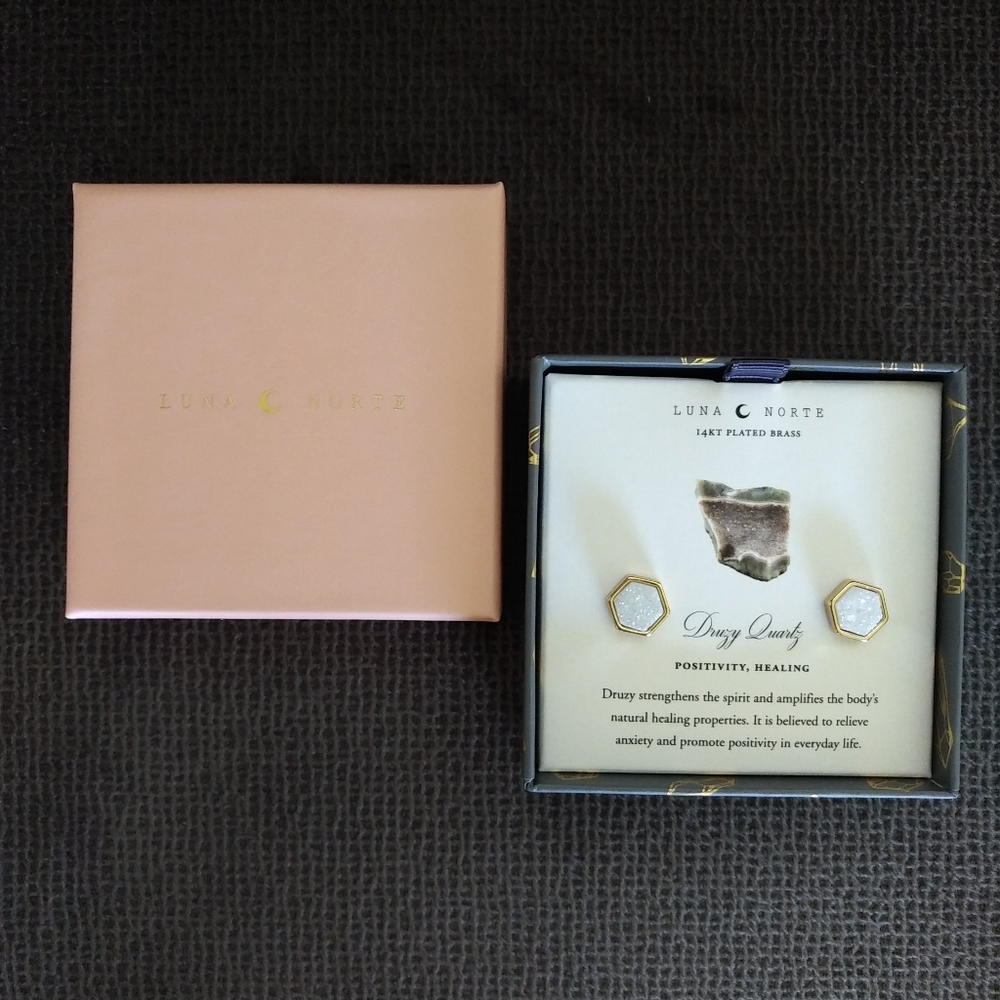 Luna🌙 Norte White Druzy Quartz Hexagon Earrings - Picture 2 of 13